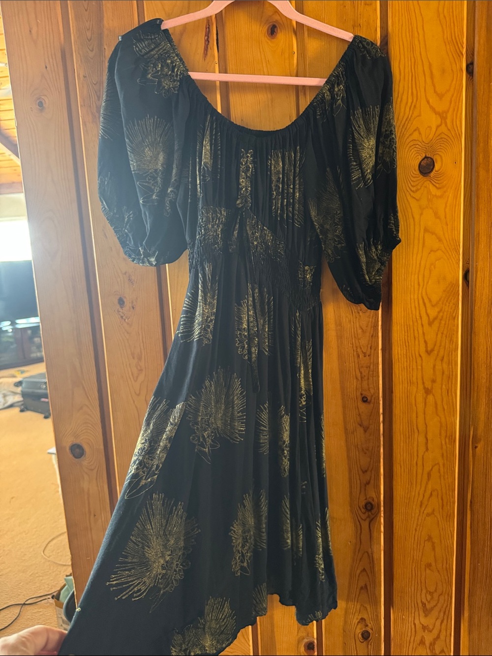 Kahulalea Black Midi Dress with Puff Sleeves and Metallic Gold Ohi’a Print